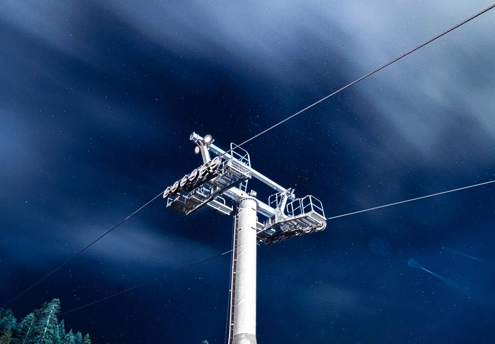 Cable car under a starry night sky in Borovets, Bulgaria. Photo by Martin Banov.
