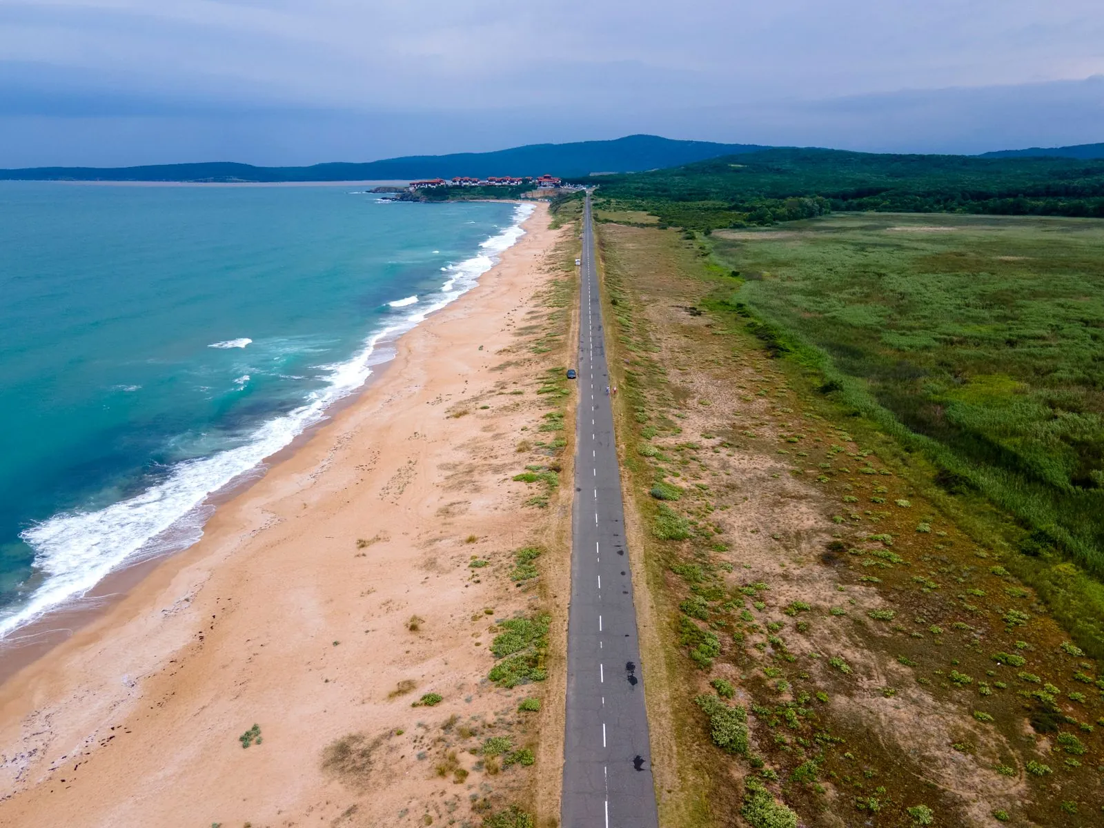 Aerial view of the long sandy beach and road at Dyuni, Bulgaria. Photo by Denitsa Kireva.