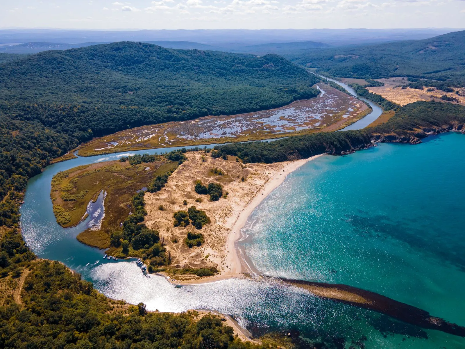 Aerial view of the beach, lagoon and green hills at Primorsko, Bulgaria. Photo by Denitsa Kireva.